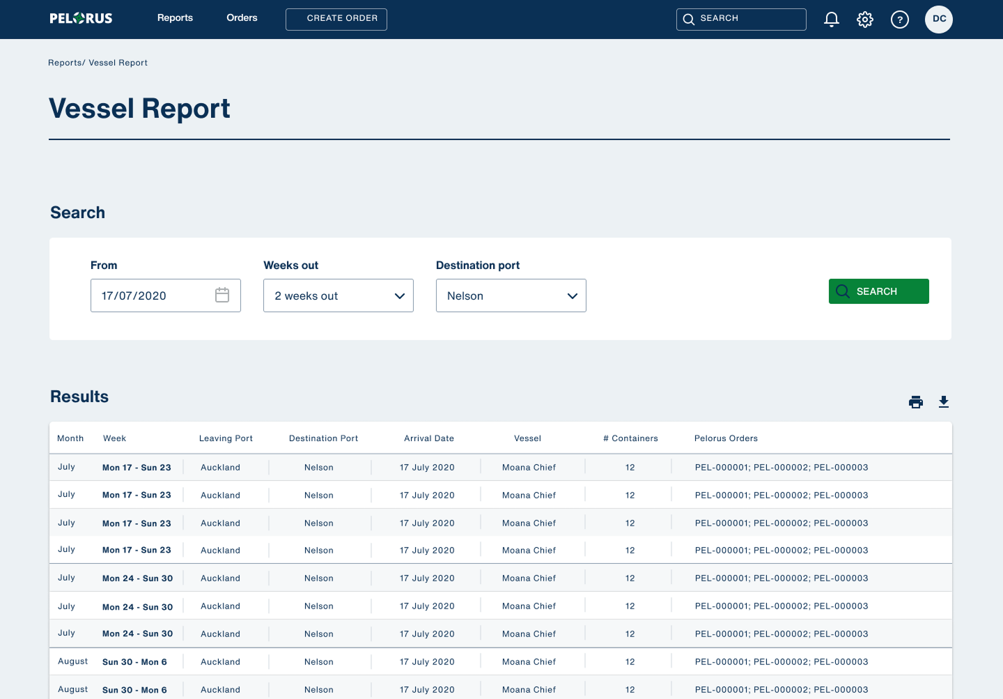 Vessel report interface showing shipping schedule and container status information