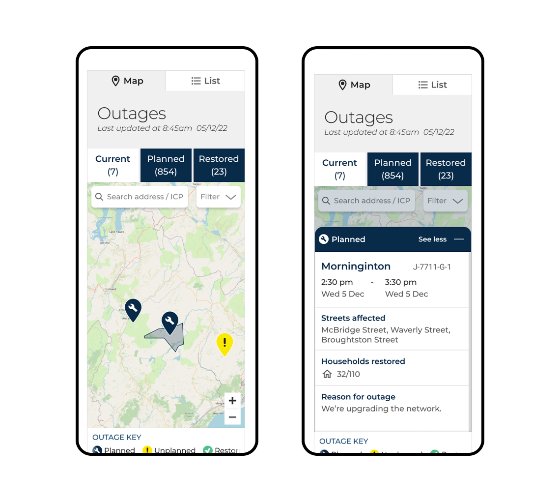 Final outage map design showing map view with outage markers