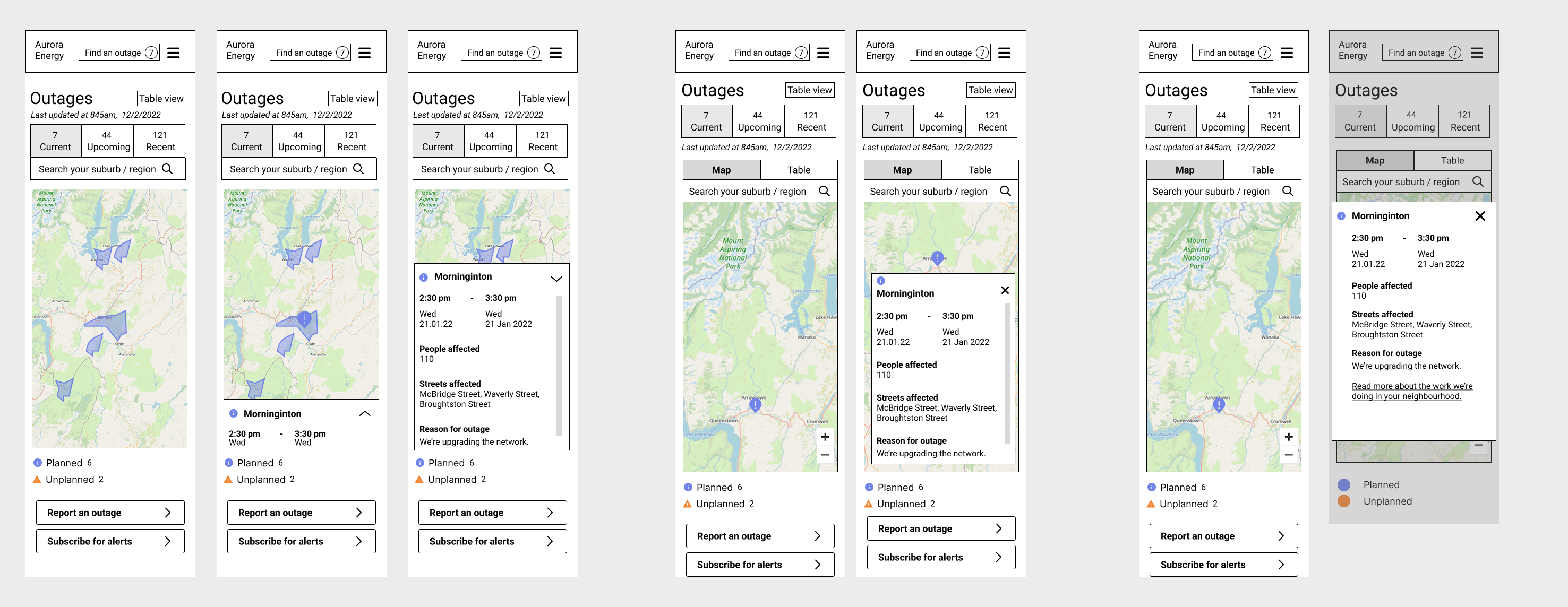 Comparison of drawer versus popup interactions for displaying outage information on the map