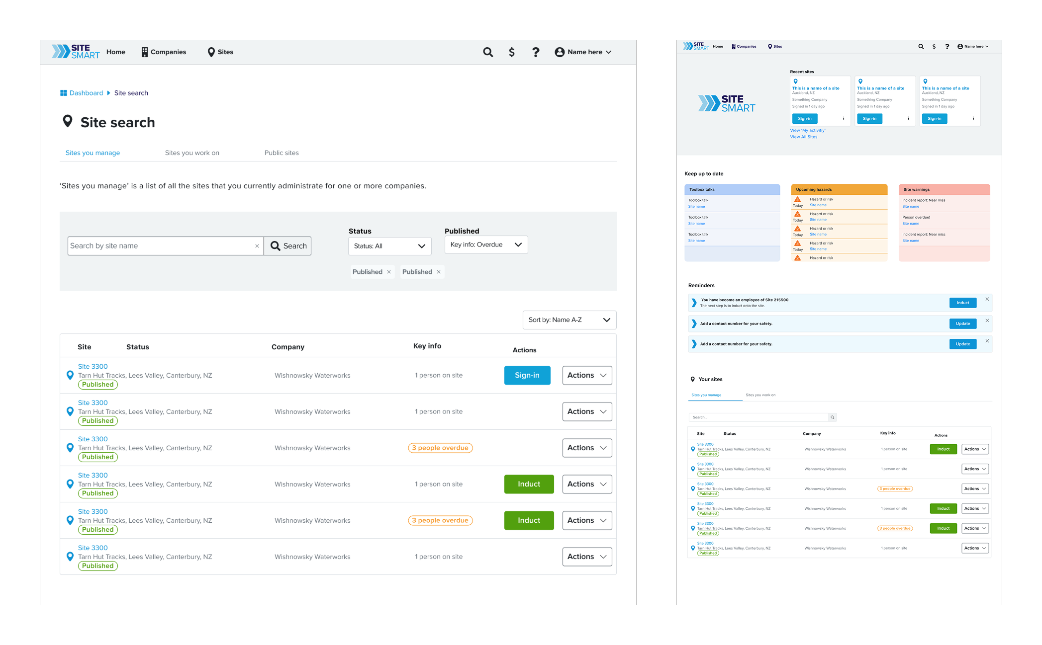 New unified Sites page design showing search functionality with filtered tabs and consistent dashboard integration for improved user experience
