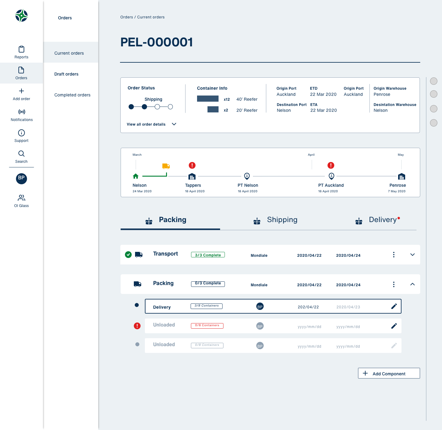 Detailed order page mockup with blue nautical theme showing timeline, tabs, and order information