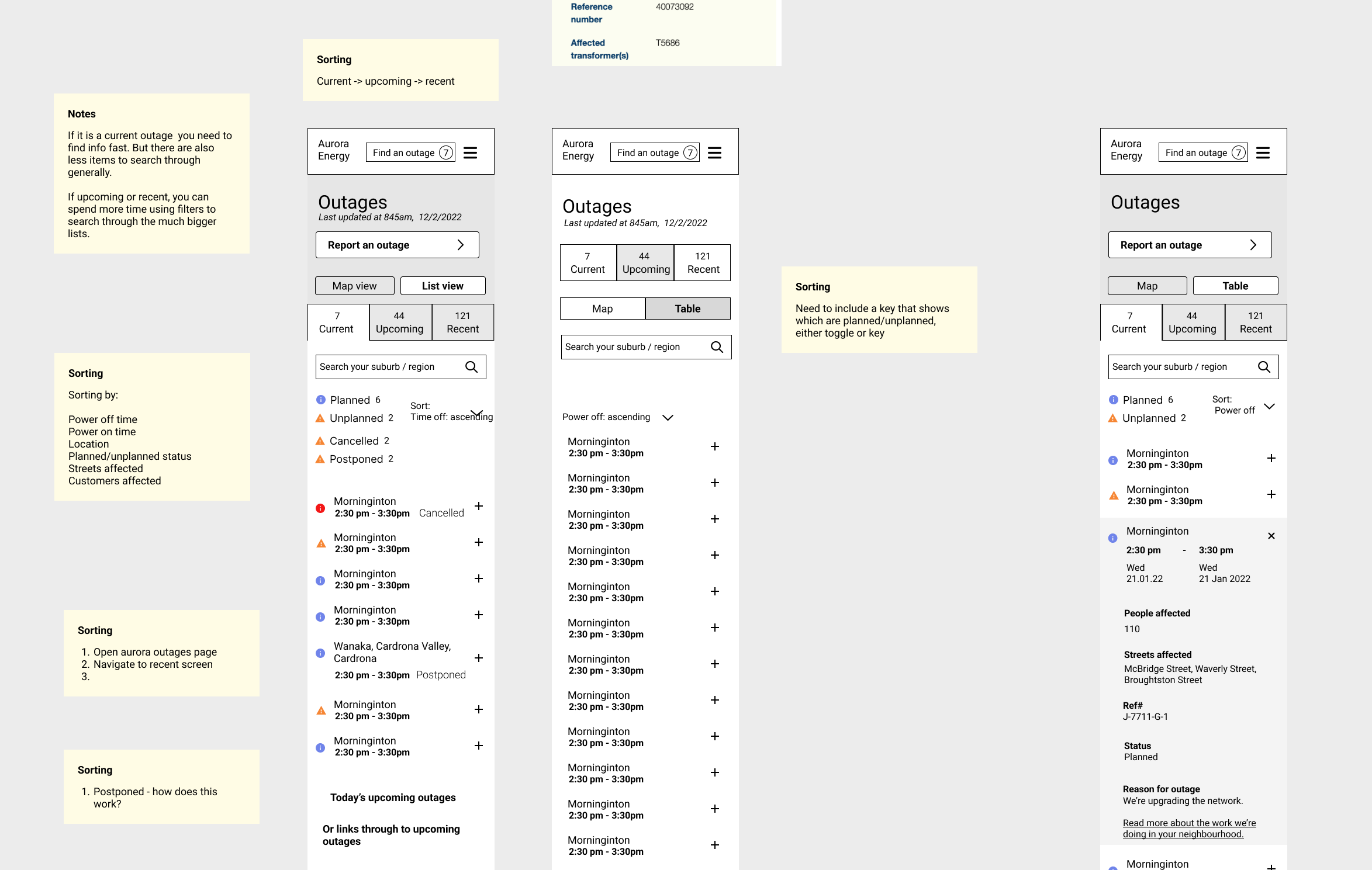 List view interface showing power outages in an accessible table format