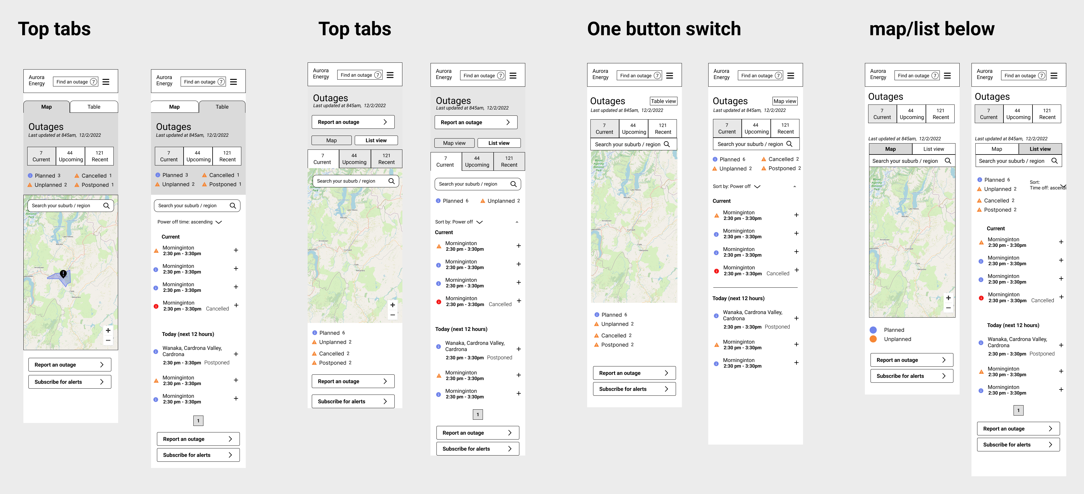 Wireframe exploring different layout options for the outage map interface