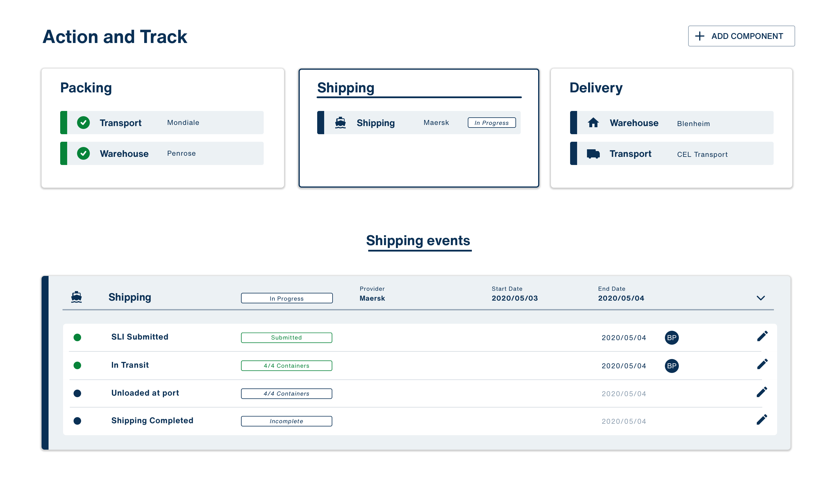 Order management interface showing 'Action and Track' section with tabbed services like Packing, Shipping, and Delivery