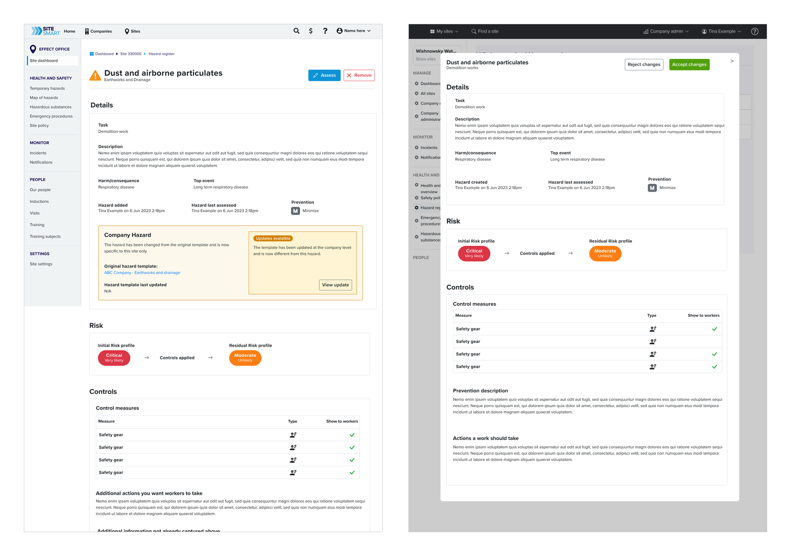 Company-wide hazard management interface showing notification system for pushing hazard updates across multiple sites with approval workflow