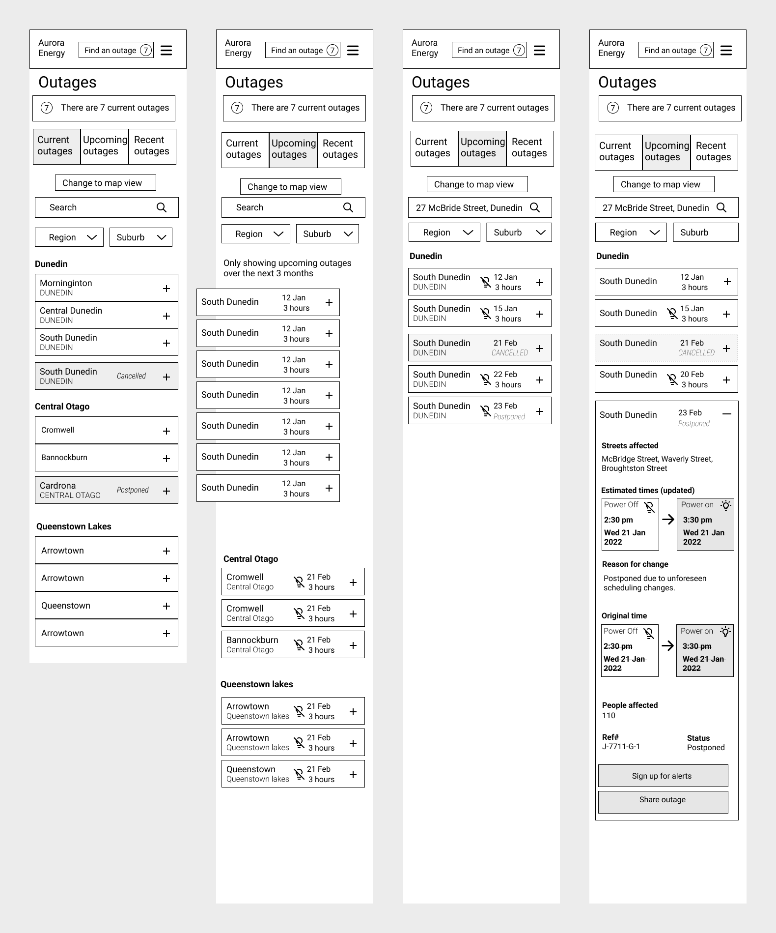 User journey diagram showing different customer scenarios during power outages