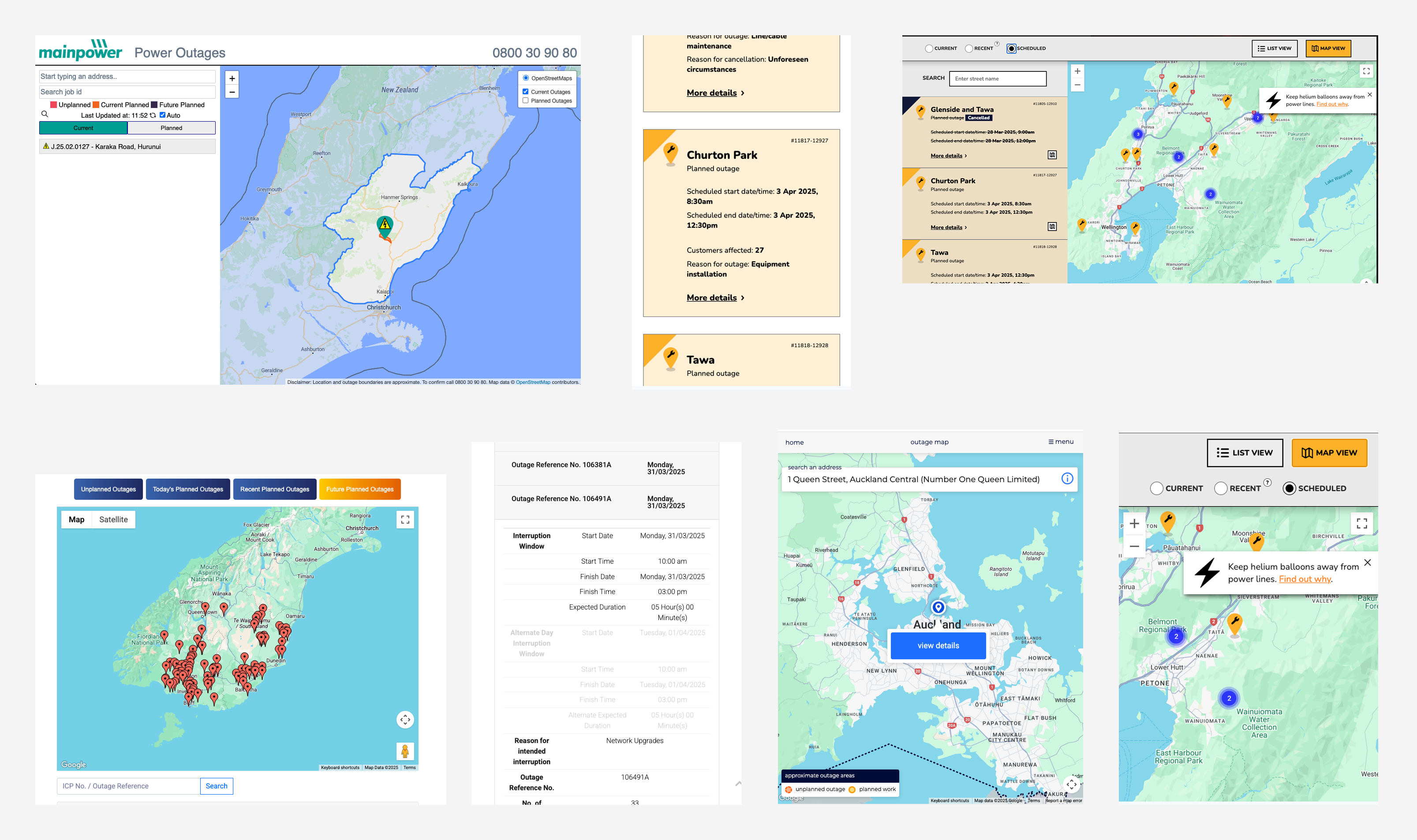 Comparison of competitor outage map interfaces from various New Zealand energy companies