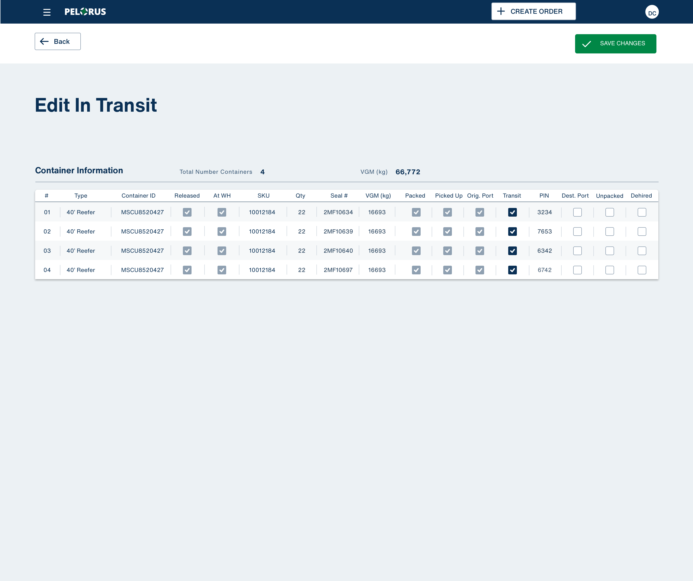 Modal dialog for editing container status with 'in transit' checkbox and save functionality
