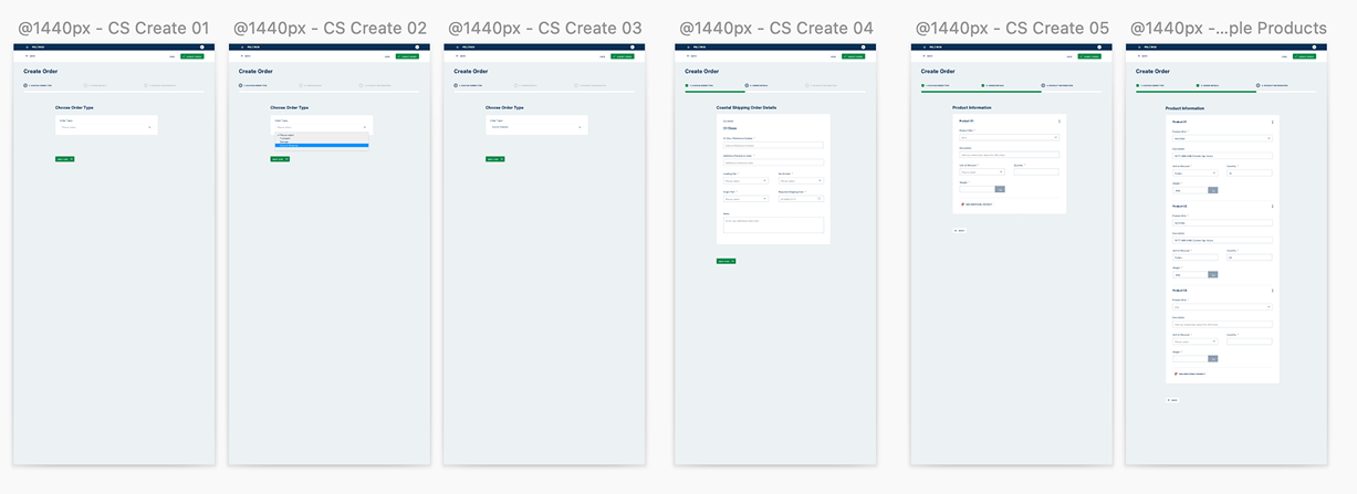 Step-by-step wizard interface for order creation showing form fields for entering high-level order information