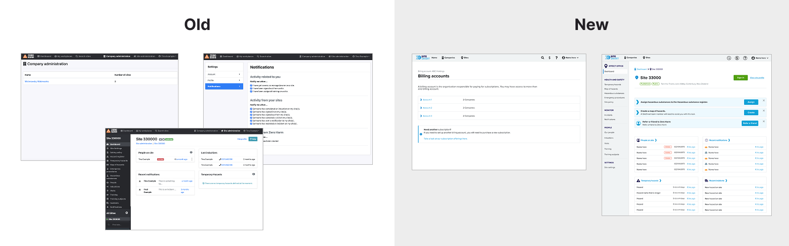 Before and after comparison showing inconsistent page layouts replaced with standardized page structure and consistent color usage