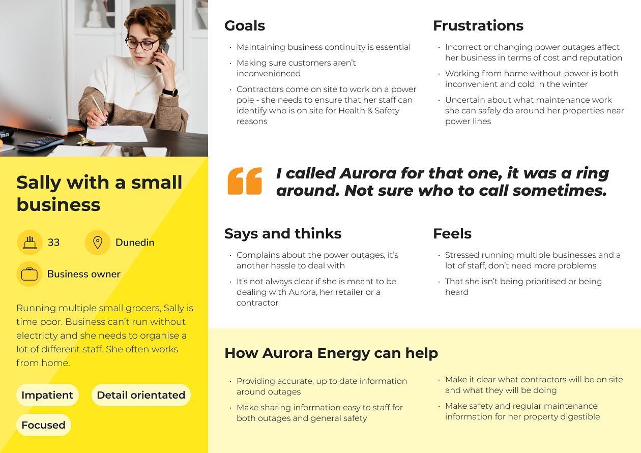 User persona showing Sally, a small business owner who needs reliable power for operations