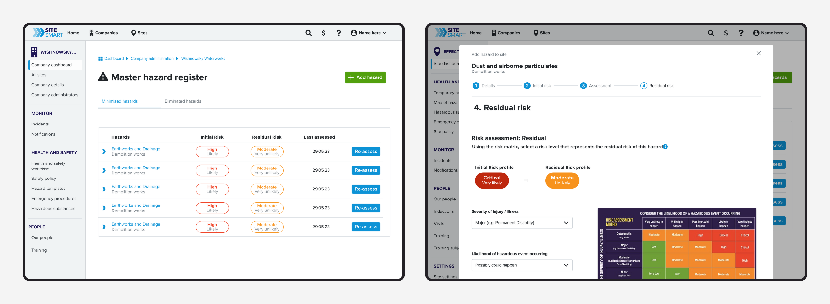 Final hazard management workflow showing the streamlined wizard process and improved user experience for safety compliance