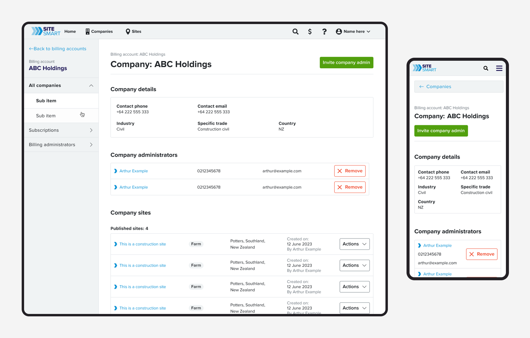 Final SiteSmart dashboard showing clean design, improved navigation, and health and safety management tools