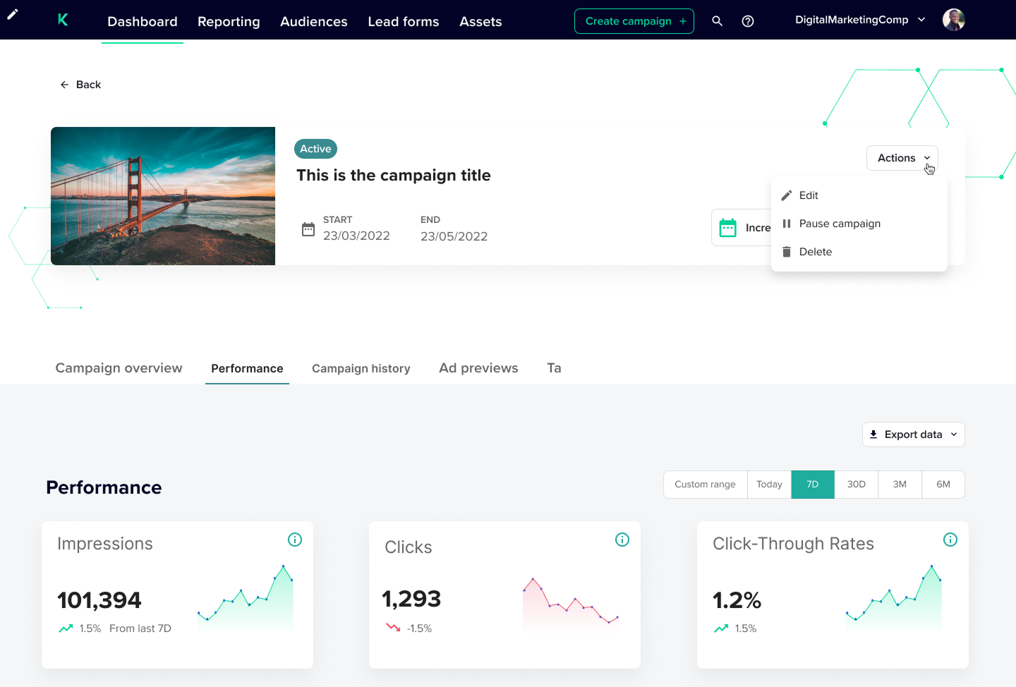 Final Kepla desktop — campaign creation flow showing platform-specific modal