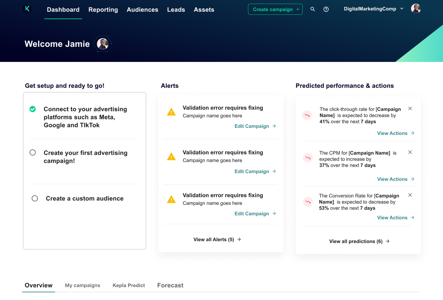 Final Kepla desktop — platform-specific ad creation with live preview