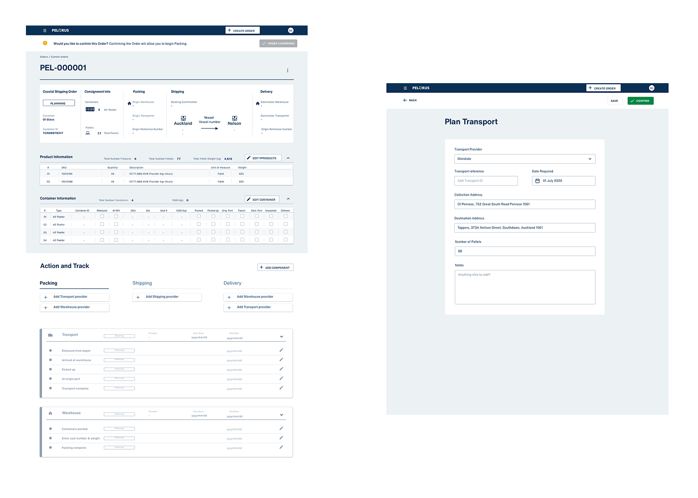 Final Pelorus order management dashboard with overview section and Action and Track task management