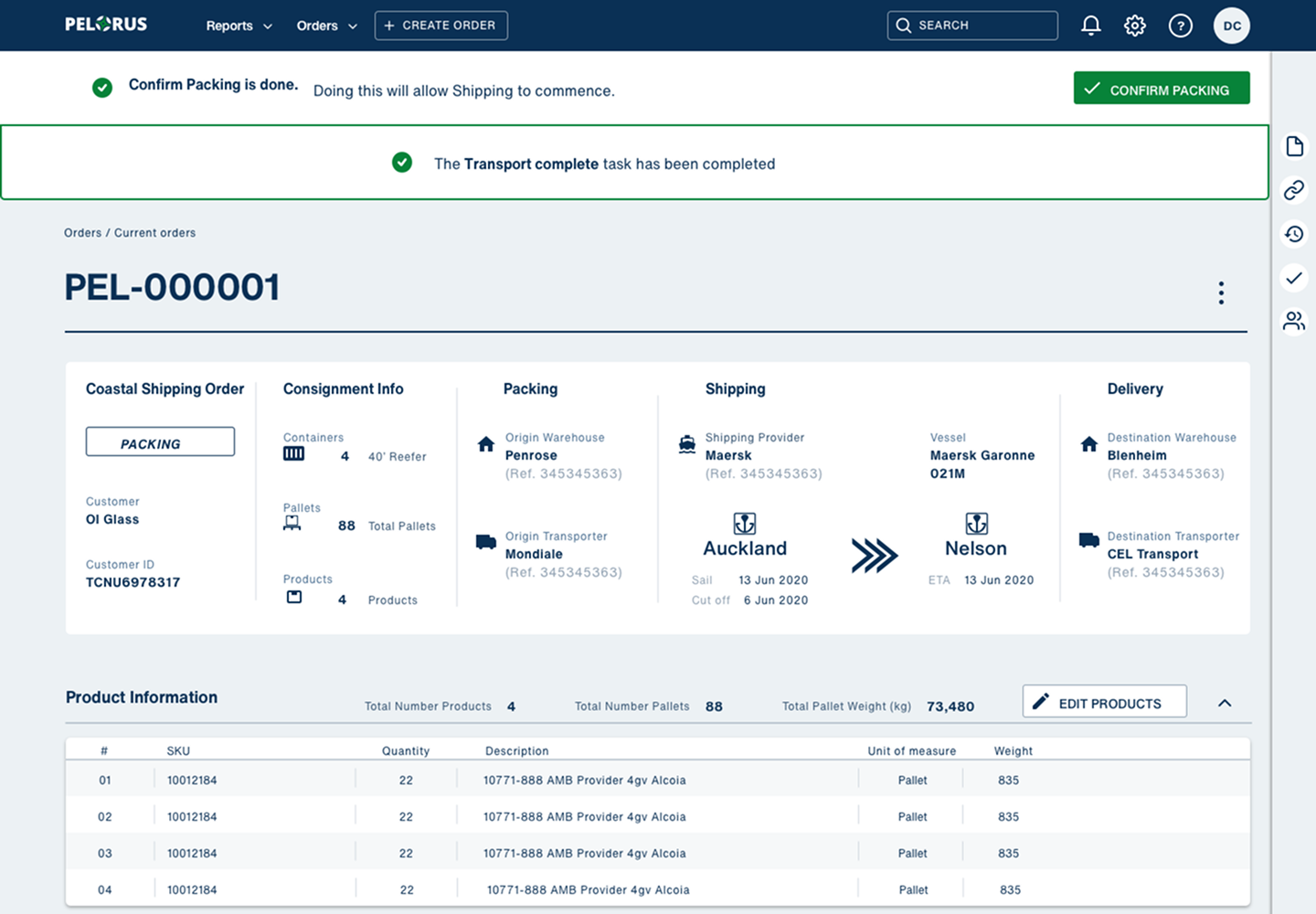 Final order booking interface showing all required services and their booking status