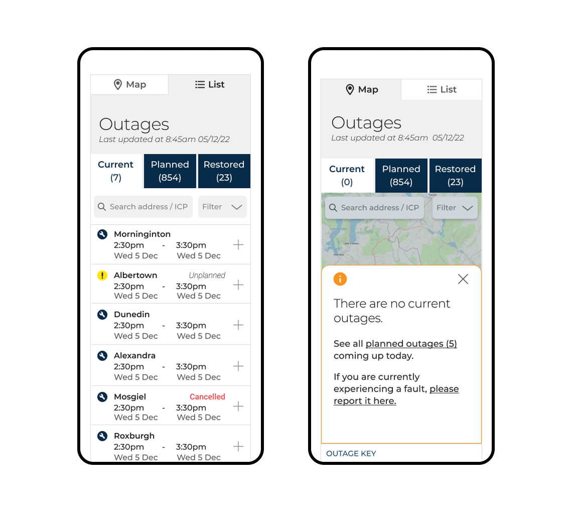 Final outage map with drawer open — showing the key interaction decision in final form
