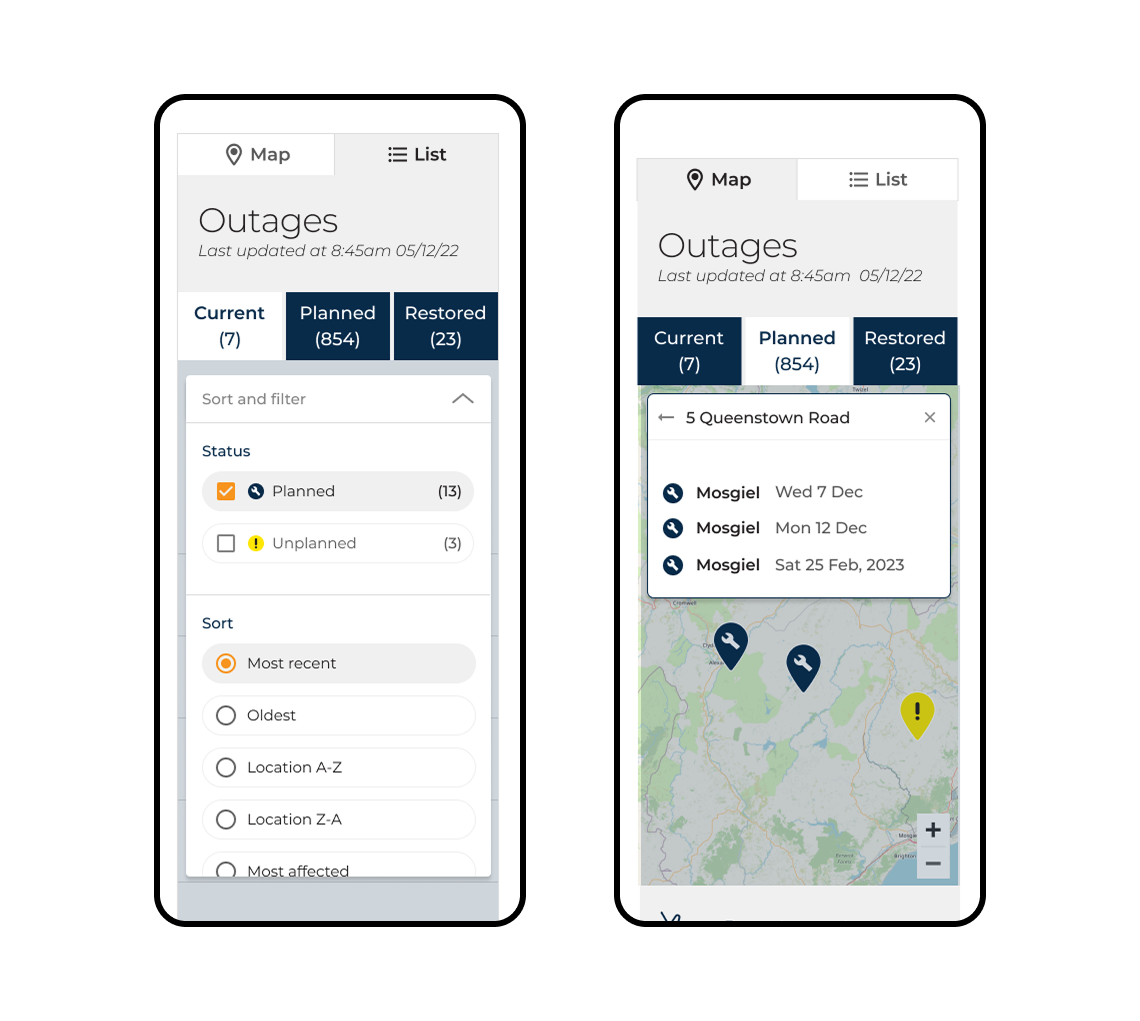 Final list view — accessible alternative showing outages with suburb context