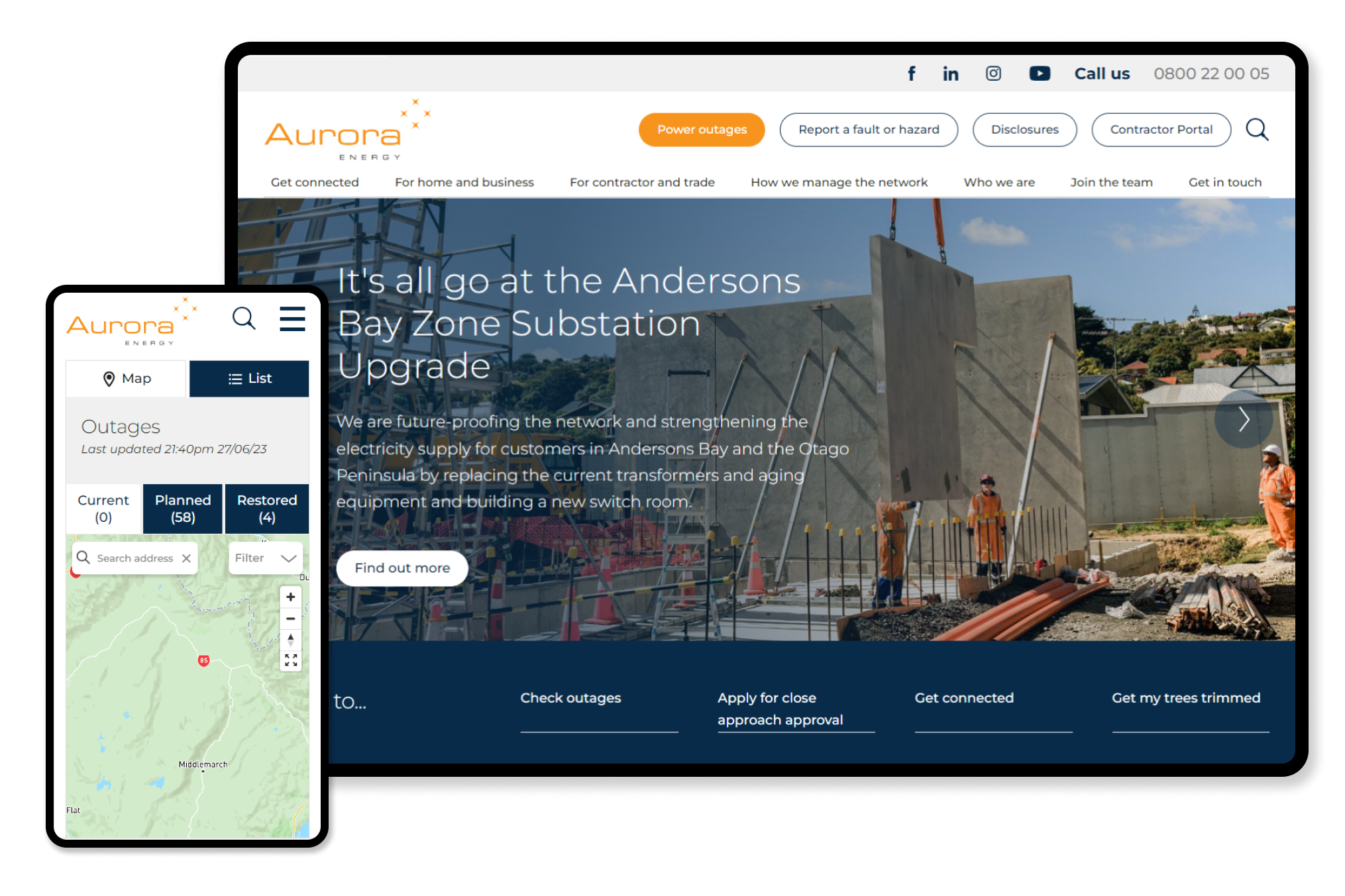 The Aurora Energy website homepage and outages map