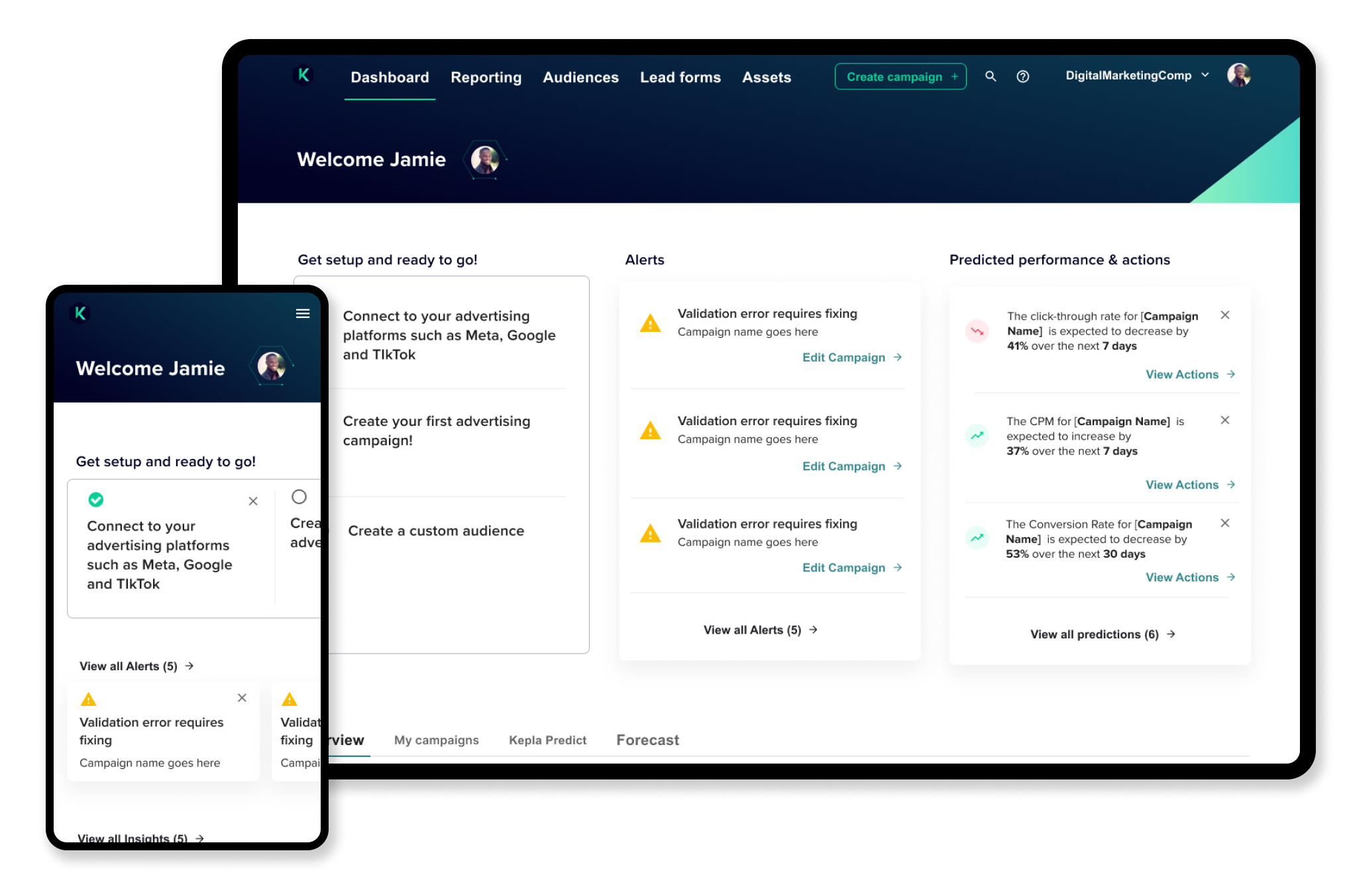 Homepage image of the Kepla product showing mobile and desktop