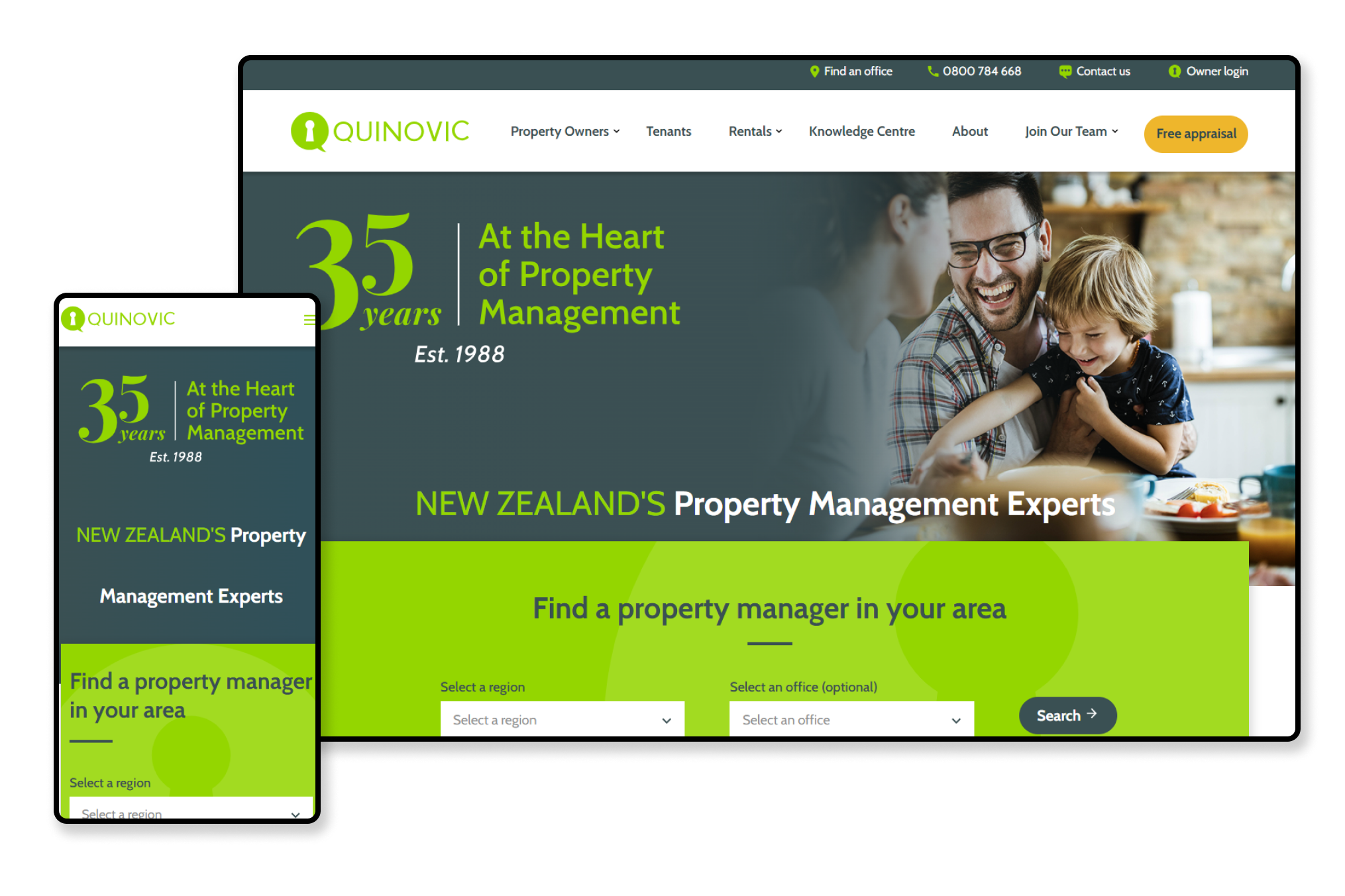 Mockup of the Quinovic web site on a desktop screen.