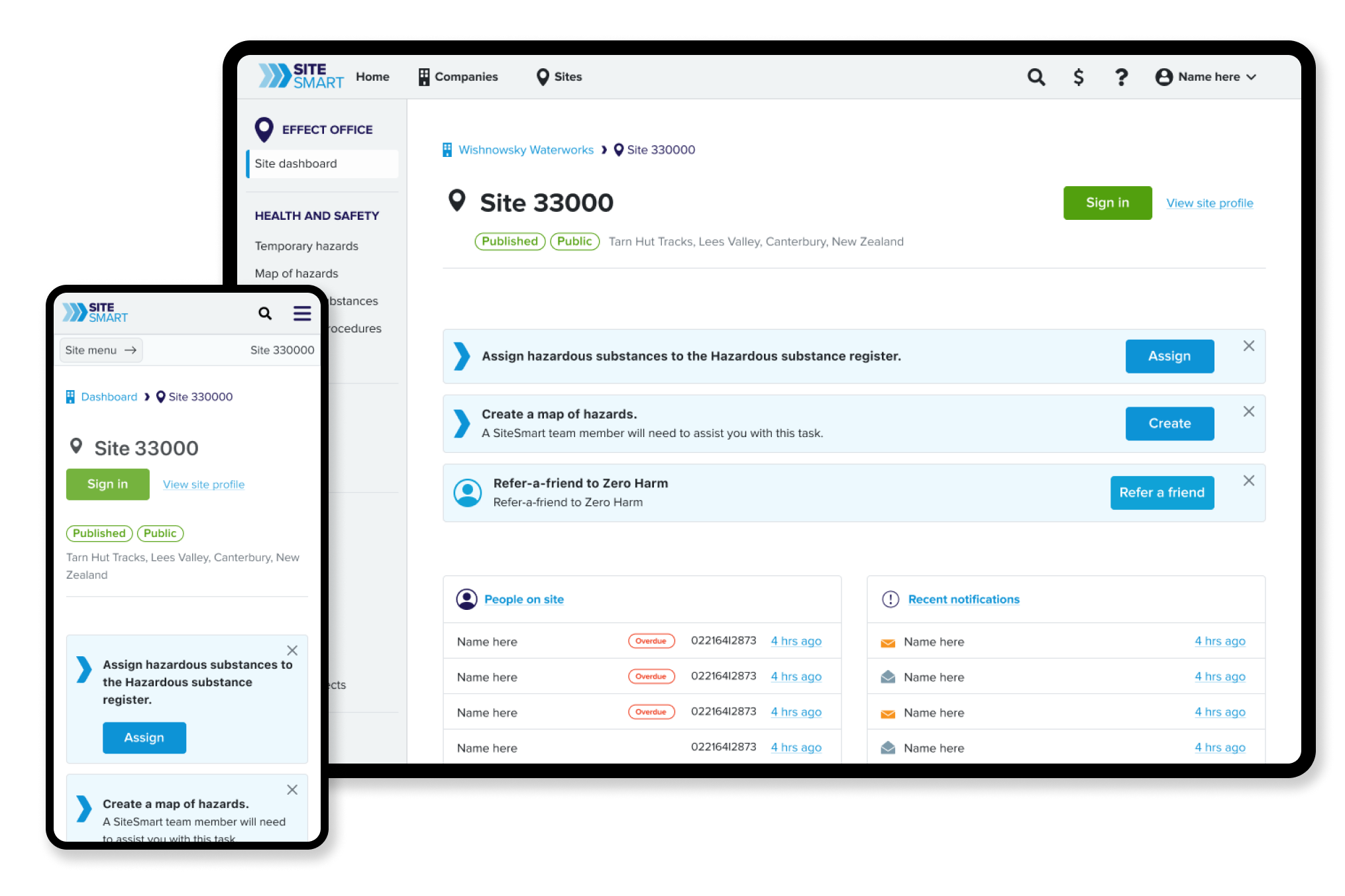 Dashboard for the SiteSmart SaaS product at mobile and desktop