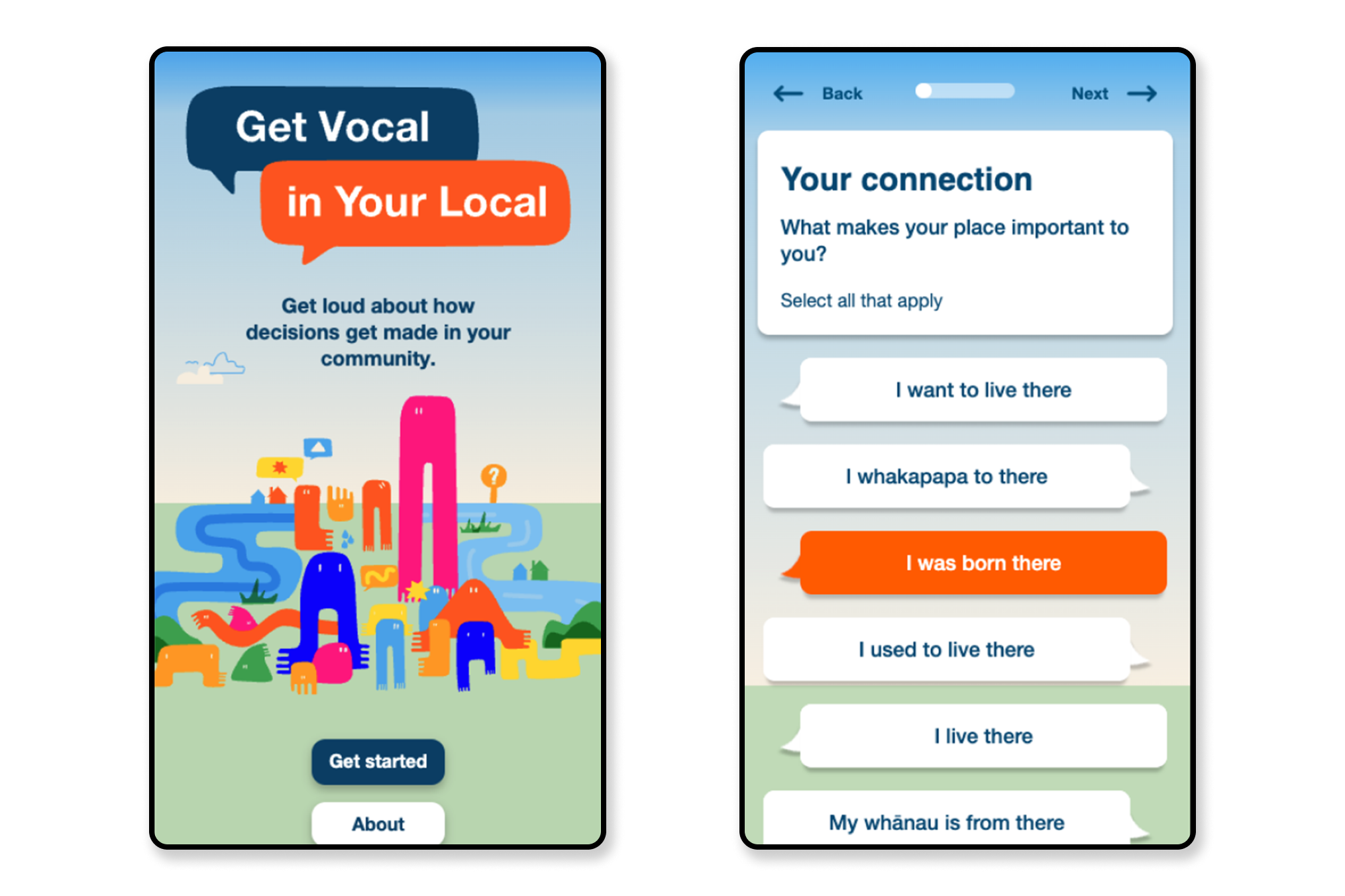 Mockup of the Get Vocal in Your Local website on a mobile phone.  